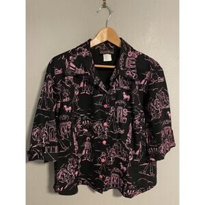 Vintage Cactus Flower Button Up Top Womens Large Black Paris Print Travel Artsy